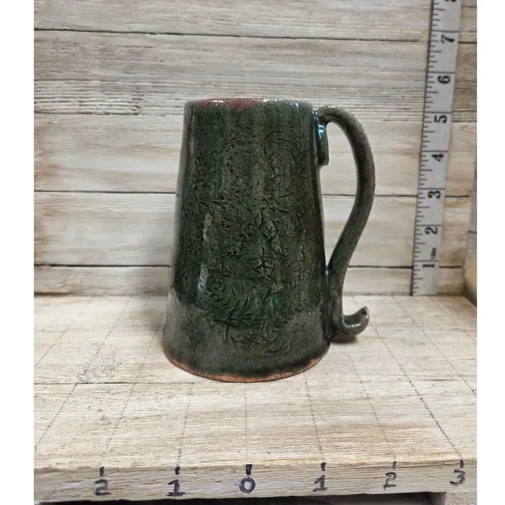 Studio Pottery Mug Green Stoneware Handmade Artisan Coffee Cup Signed A.H.